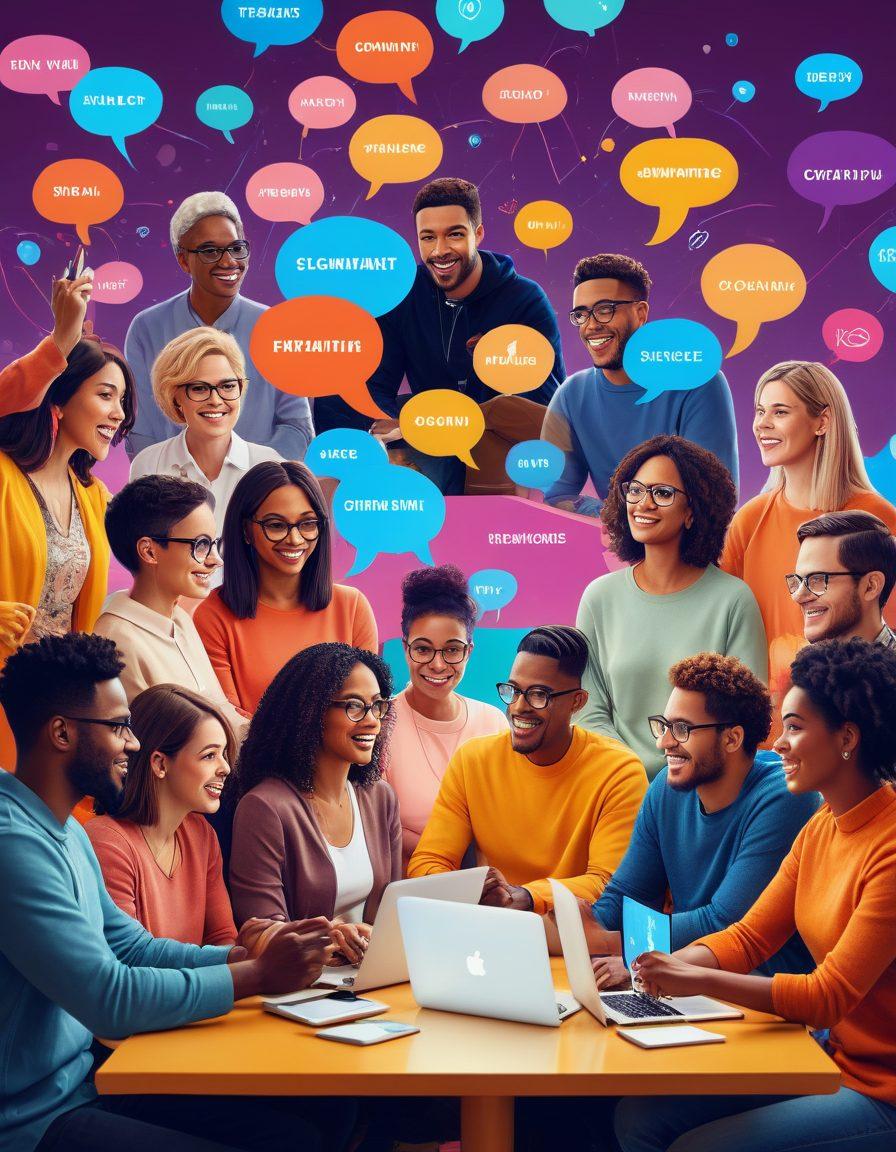 A bustling virtual community meeting, showcasing a diverse group of people engaged in lively discussions over laptops and tablets. Highlight elements like chat bubbles and engaging blog content on screens, representing collaboration and connection. The background features symbols of social media and networking, implying the power of online communities. The color palette should be bright and inviting, emphasizing a sense of energy and enthusiasm. super-realistic. vibrant colors. digital art.