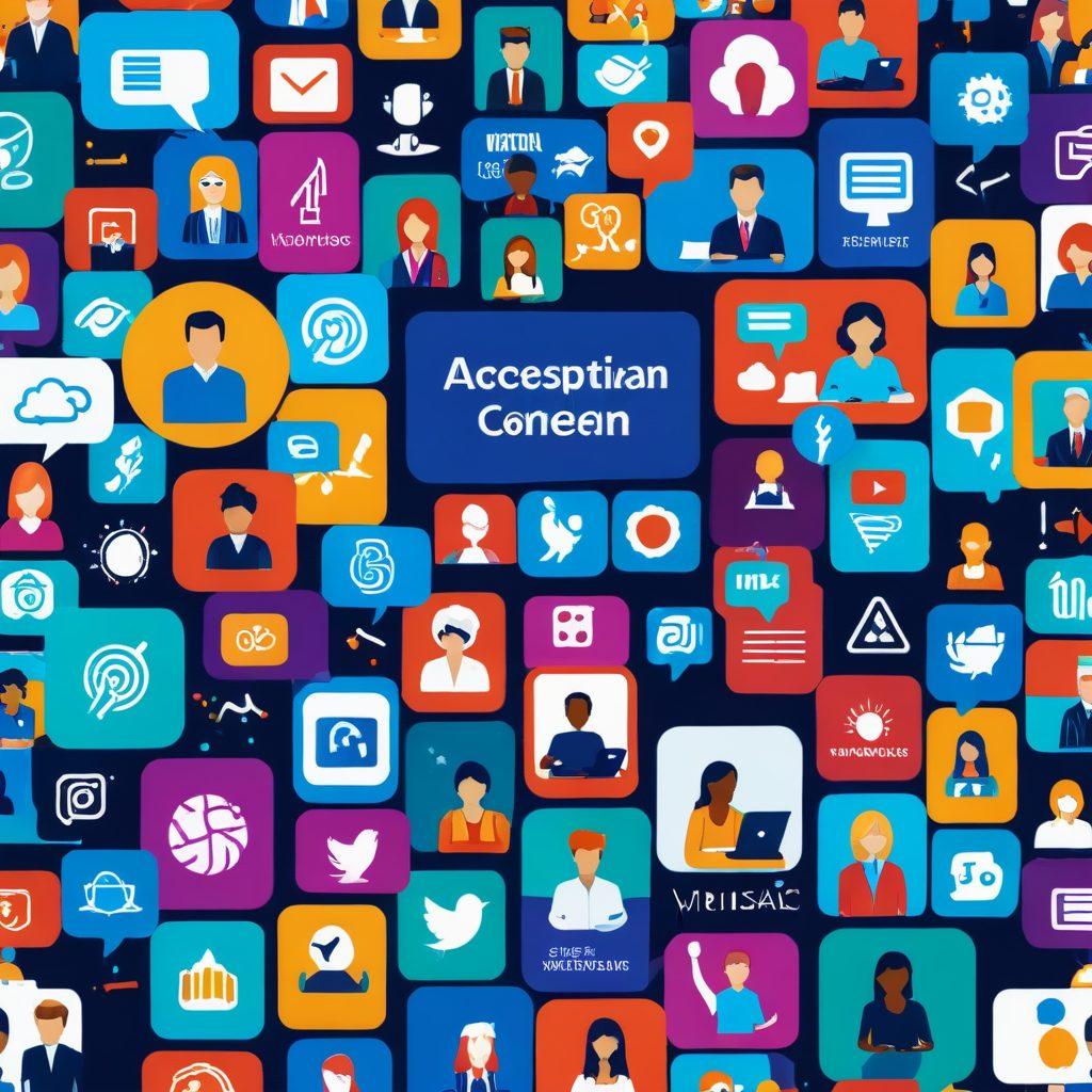 A vibrant digital landscape showcasing a diverse group of people engaging in virtual events on their devices, surrounded by icons representing various resources and benefits, such as badges, networking tools, and webinars. The setting should convey an atmosphere of connection and innovation, with elements like a virtual stage and interactive screens. Bright colors to highlight excitement and inclusivity. super-realistic. vibrant colors. 3D.