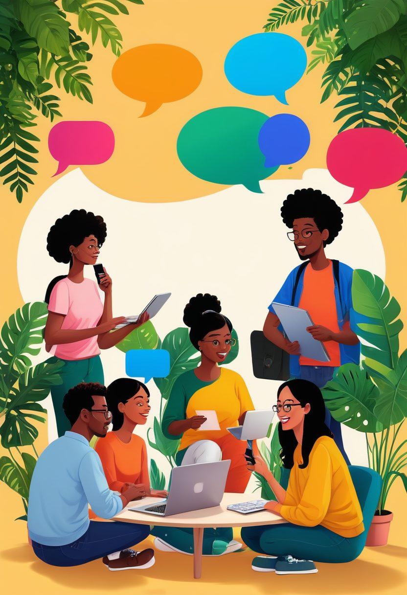A diverse group of people engaged in a lively online discussion, surrounded by colorful speech bubbles representing various communication tools. The setting is a cozy, inviting virtual space filled with plants and warm lighting, symbolizing connection and engagement. Elements like laptops, tablets, and phones are scattered around them to emphasize the digital interaction. The overall mood is vibrant and welcoming, showcasing the power of community through technology. cartoon style. bright colors. soft background.